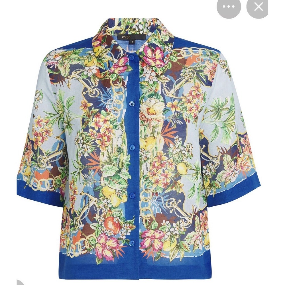 Maje Floral Cropped Collared Button Down Linen Shirt Top Medium (2) US, NEW!